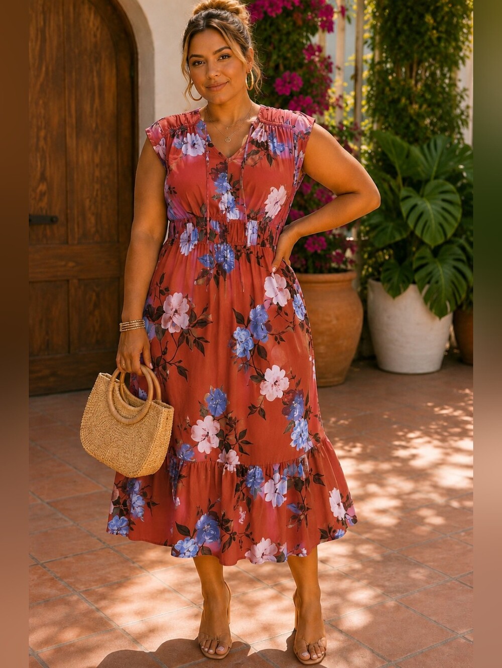 NWT! Time & Tru Rust Floral Midi Dress Plus Size XXL 20 Orange Blue Flower